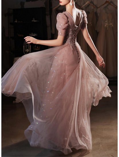 A-Line Prom Dresses Elegant Dress Wedding Guest Prom Floor Length Short Sleeve Sweetheart Satin V Back with Beading Appliques