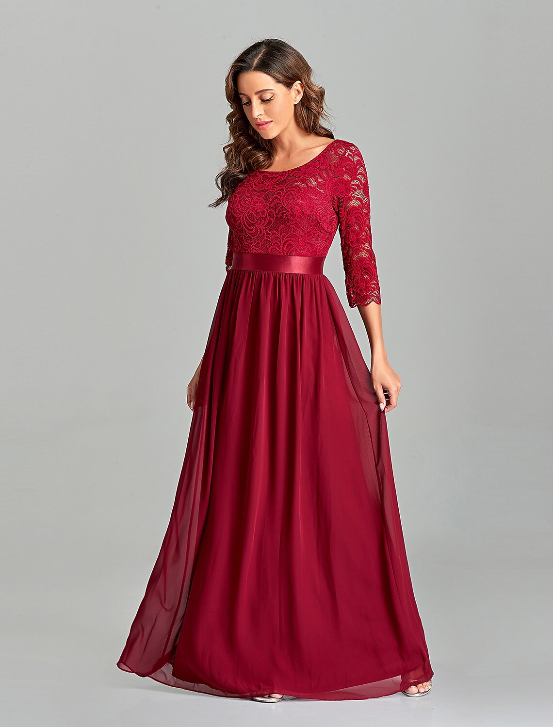 A-Line Evening Gown Beautiful Back Dress Prom Floor Length Half Sleeve Jewel Neck Chiffon V Back with Lace Insert