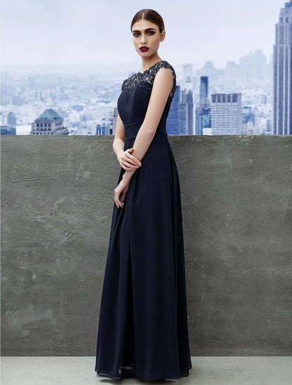 A-Line Evening Gown Empire Dress Wedding Guest Formal Evening Floor Length Short Sleeve Boat Neck Bridesmaid Dress Chiffon with Ruched Lace Insert