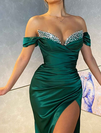 Mermaid / Trumpet Prom Dresses Emerald Green Dress Wedding Guest Prom Sweep / Brush Train Sleeveless Off Shoulder Charmeuse with Sequin Slit