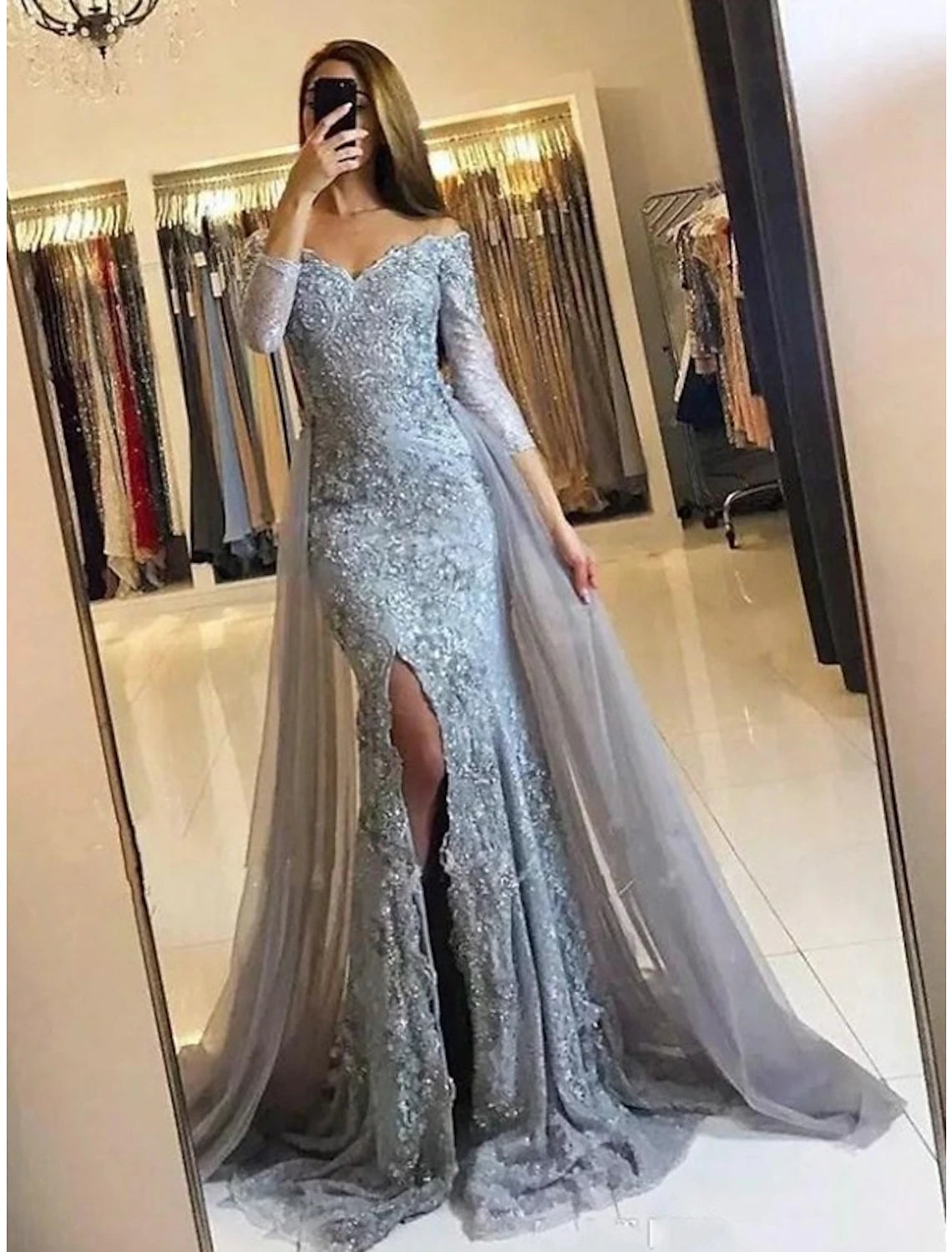 Mermaid / Trumpet Evening Gown Floral Dress Formal Wedding Sweep / Brush Train Long Sleeve Off Shoulder Fall Wedding Reception Chiffon with Slit Appliques