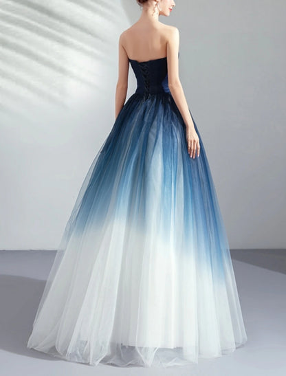 Ball Gown Color Block Prom Formal Evening Dress Strapless Sleeveless Floor Length Tulle with Pleats Ruched