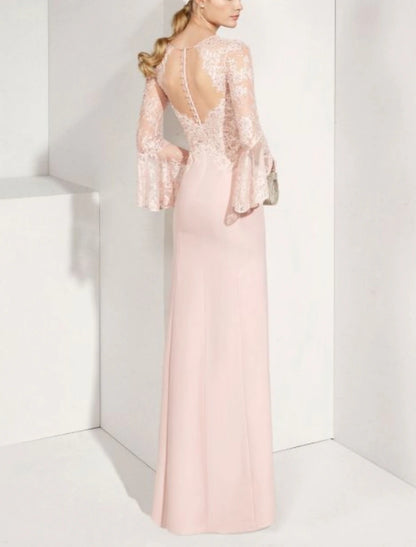 A-Line Mother of the Bride Dress Elegant Jewel Neck Floor Length Chiffon Lace Long Sleeve with Appliques