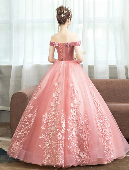 Ball Gown Quinceanera Dresses Princess Dress Floor Length Sleeveless Off Shoulder Polyester with Appliques