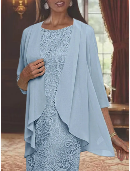 Two Piece Sheath / Column Mother of the Bride Dress Formal Wedding Guest Elegant Jewel Neck Tea Length Lace 3/4 Length Sleeve Jacket Dresses with Beading Appliques