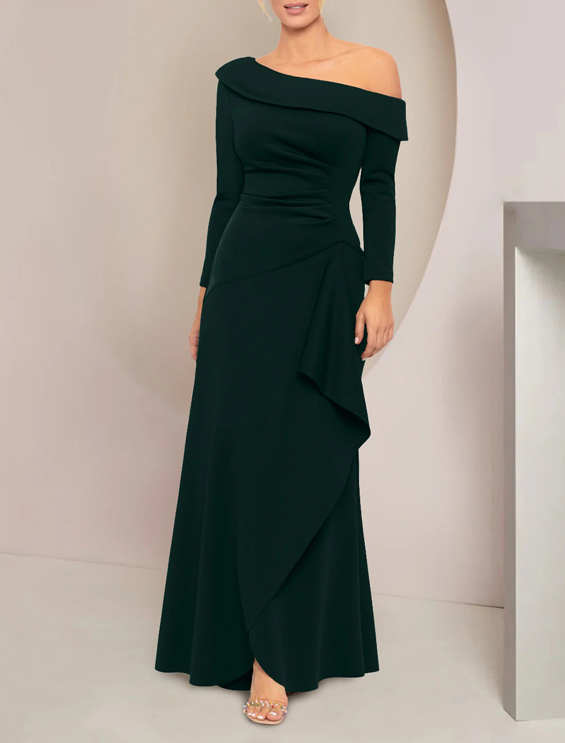 A-Line Mother of the Bride Dress Wedding Guest Elegant Party Off Shoulder Floor Length Stretch Fabric Long Sleeve with Ruffles Ruching Solid Color