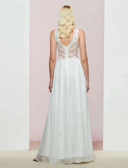 A-Line Evening Gown Open Back Dress Wedding Party Floor Length Sleeveless V Neck Chiffon with Appliques