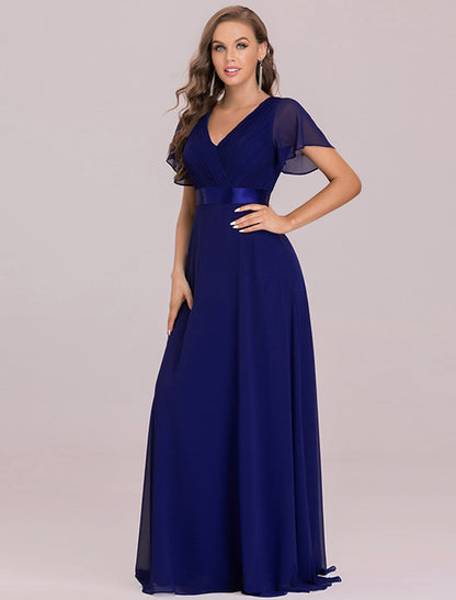 A-Line Empire Fall Wedding Guest Dress For Bridesmaid Plus Size Formal Evening Dress V Neck Short Sleeve Floor Length Chiffon with Pleats Ruched