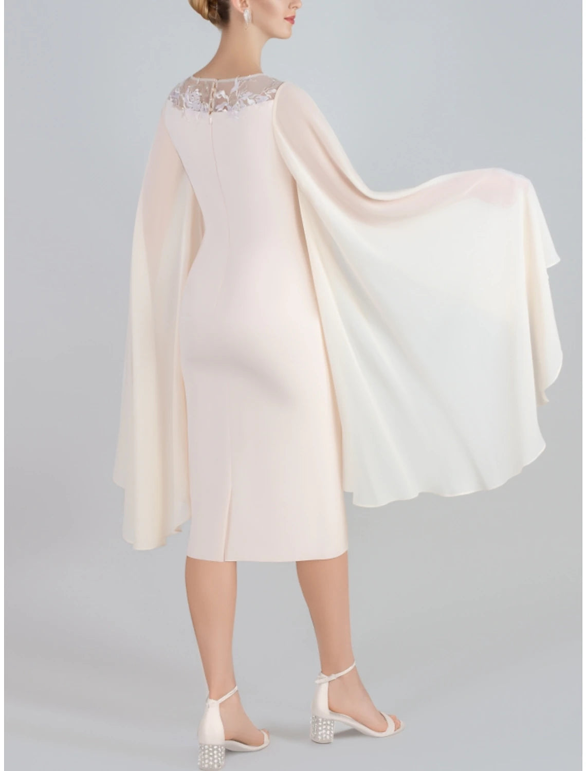 Sheath / Column Mother of the Bride Dress Wedding Guest Elegant Petite Scoop Neck Tea Length Chiffon Lace Long Sleeve with Split Front Ruching Solid Color