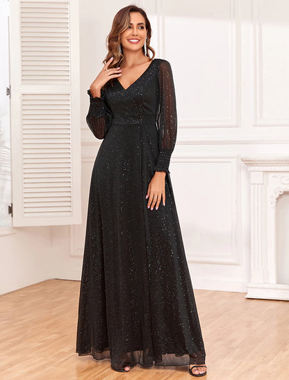 A-Line Evening Gown Empire Dress Party Wear Floor Length Long Sleeve V Neck Tulle V Back with Glitter Slit