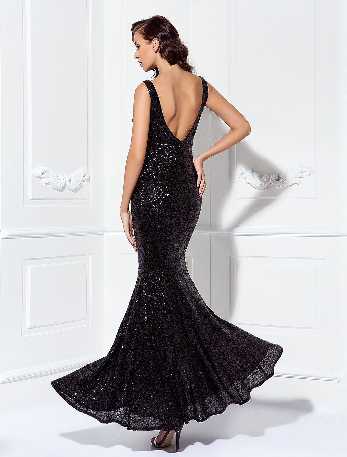 Sheath / Column Sparkle & Shine Dress Wedding Guest Prom Floor Length Sleeveless V Neck Sequined V Back with Sequin