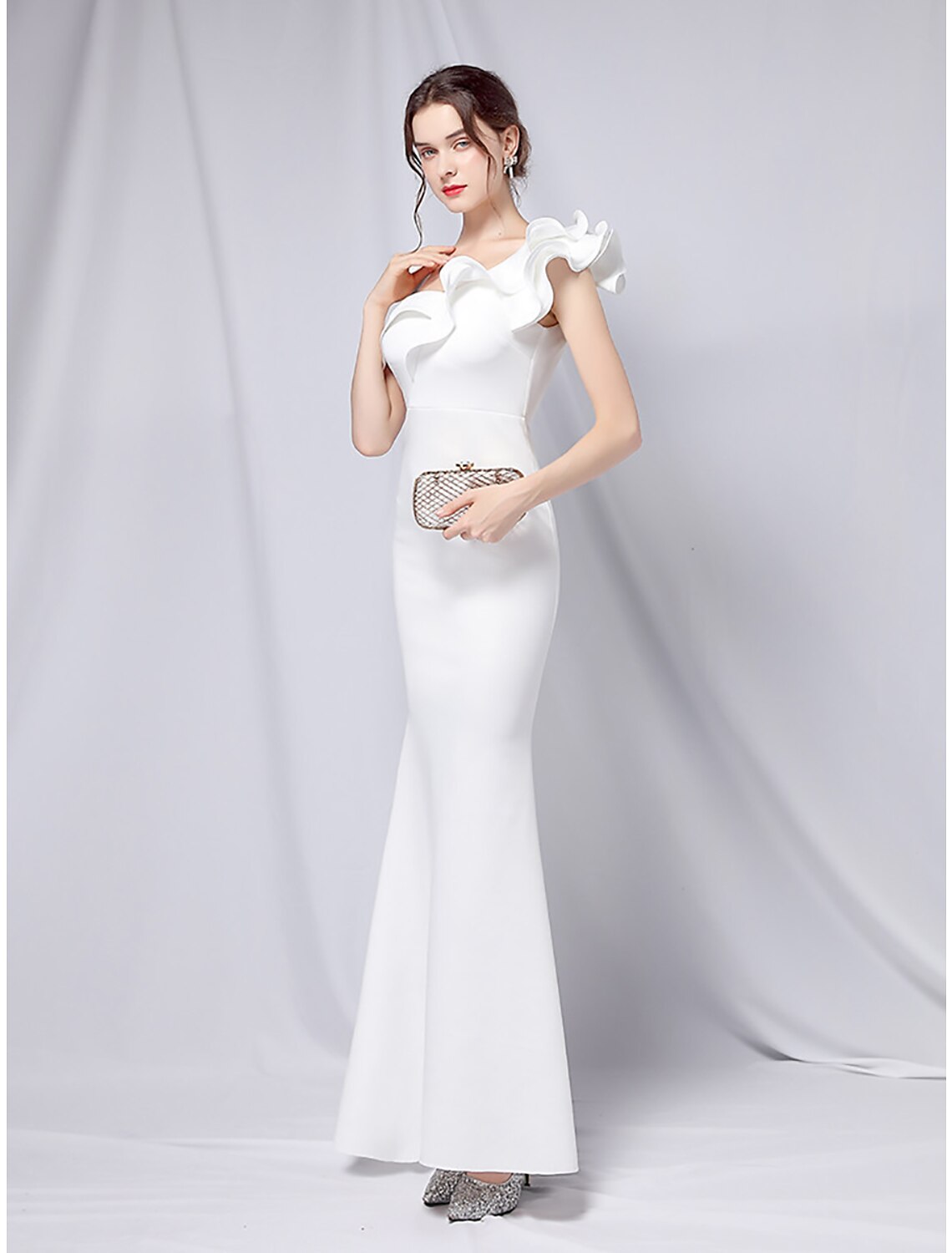 Mermaid / Trumpet Evening Gown Empire Dress Wedding Guest Formal Evening Floor Length Short Sleeve One Shoulder Stretch Satin with Ruffles