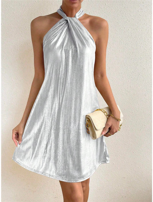 Women's Party Dress Wedding Guest Dress Sexy Dress Mini Dress Silver Gold Sleeveless Pure Color Sparkle Spring Fall Winter Halter Neck Fashion Wedding Guest Birthday Vacation Loose Fit