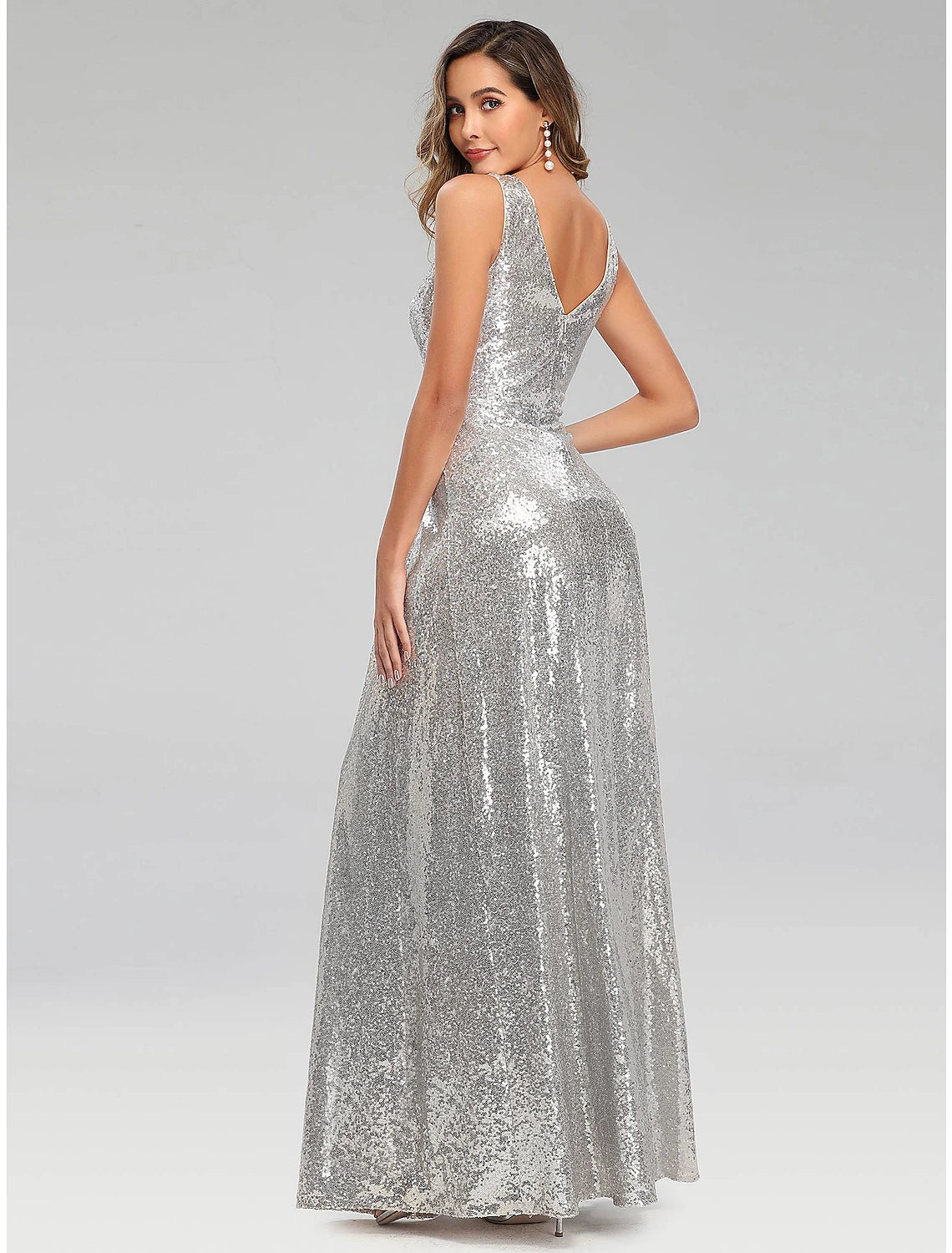 A-Line Prom Dresses Sparkle Dress Wedding Guest Engagement Floor Length Sleeveless V Neck Polyester V Back with SequinA-Line Prom Dresses Sparkle Dress Wedding Guest Engagement Floor Length Sleeveless V Neck Polyester V Back with Sequin