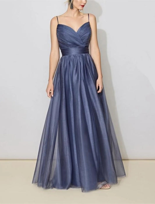 A-Line Bridesmaid Dress V Neck Sleeveless Elegant Floor Length Tulle with Ruching