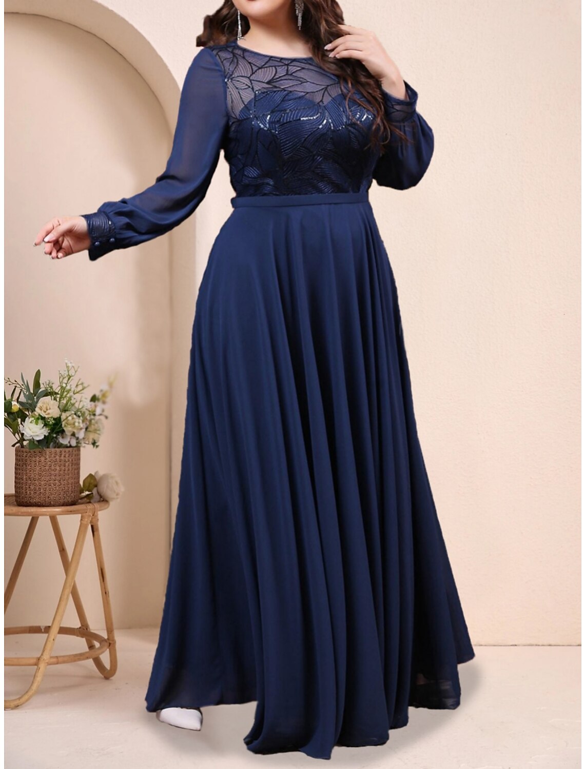 A-Line Plus Size Curve Mother of the Bride Dress Wedding Guest Plus Size Sparkle & Shine Jewel Neck Floor Length Chiffon Long Sleeve with Pleats Sequin