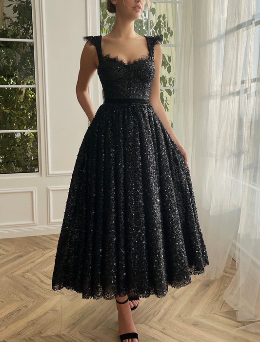 A-Line Prom Black Dress Plus Size Vintage Dress Masquerade Party Wear Ankle Length Sleeveless Strapless Wednesday Addams Family Lace with Glitter Sequin