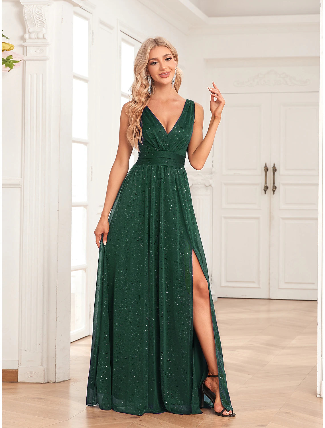 A-Line Evening Gown Empire Dress Party Wear Floor Length Sleeveless V ...