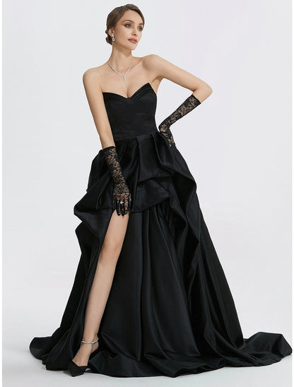 A-Line Evening Gown Vintage Dress Carnival Masquerade Sweep / Brush Train Sleeveless Sweetheart Satin with Ruched Slit