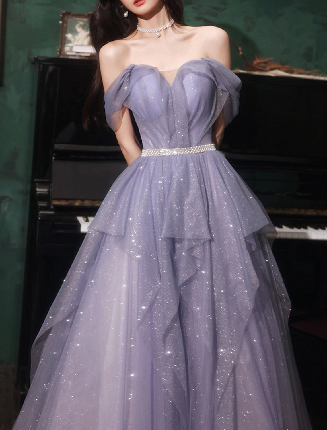 A-Line Prom Dresses Sparkle & Shine Dress Wedding Guest Birthday Floor Length Sleeveless Off Shoulder Tulle with Sequin