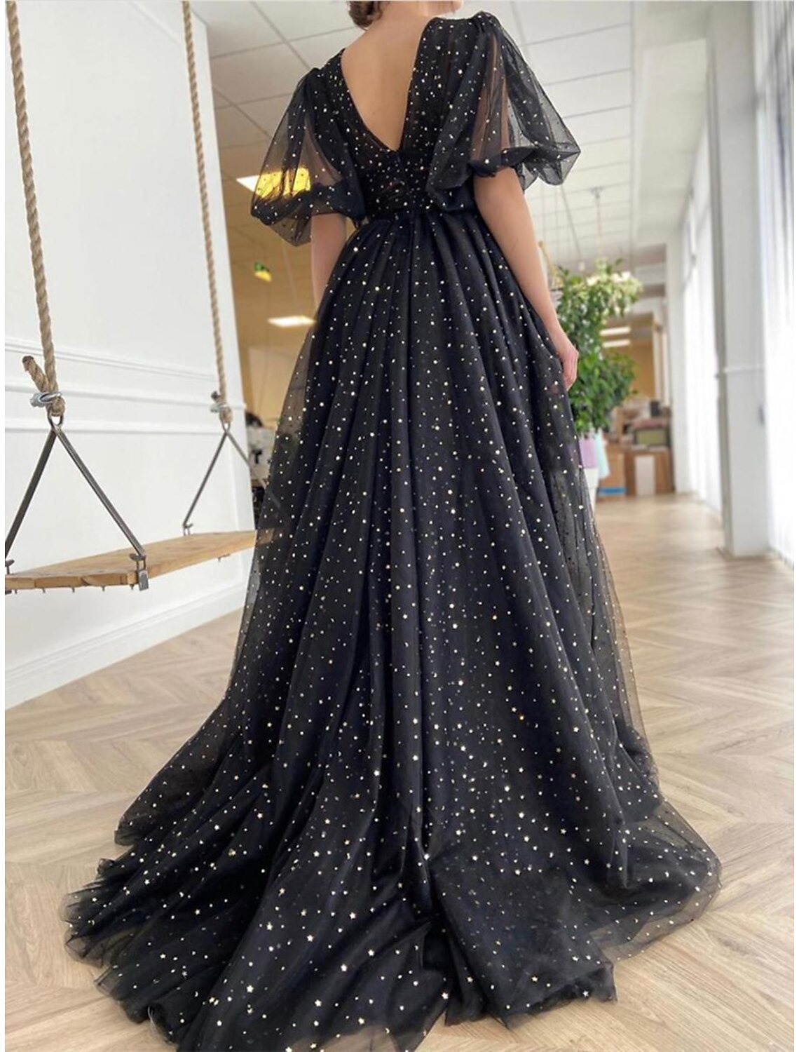 A-Line Prom Dresses Glittering Dress Wedding Guest Prom Court Train Half Sleeve V Neck Wednesday Addams Family Tulle V Back with Bow(s) Sequin Slit