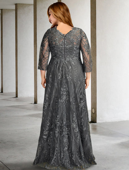 A-Line Mother of the Bride Dresses Plus Size Hide Belly Curve Elegant Dress Formal Sweep / Brush Train Long Sleeve Jewel Neck Chiffon with Appliques