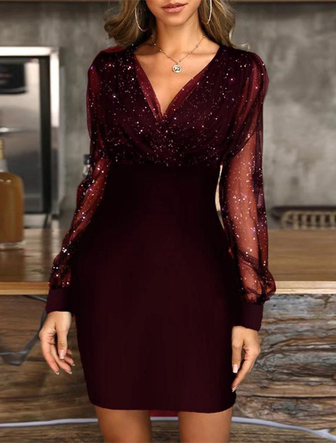 Black Dress Wedding Guest Cocktail Dress Sexy V Neck Bodycon Patchwork Long Mesh Sleeve Spring Summer