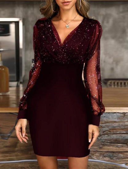 Black Dress Wedding Guest Cocktail Dress Sexy V Neck Bodycon Patchwork Long Mesh Sleeve Spring Summer