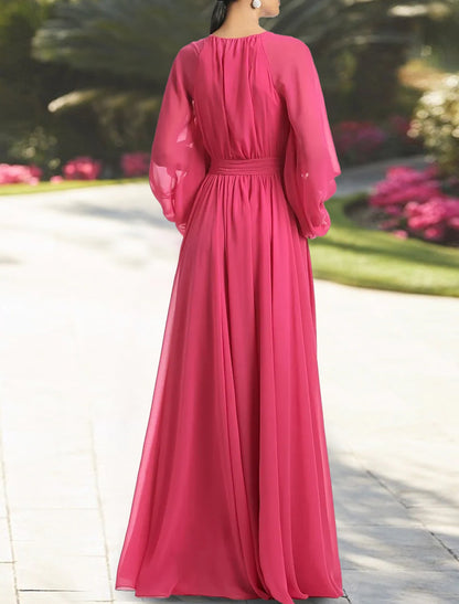 A-Line Wedding Guest Dresses Elegant Dress Holiday Cocktail Party Floor Length Long Sleeve V Neck Chiffon with Ruched