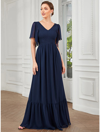 A-Line Prom Dresses Elegant Dress Party Wear Wedding Guest Floor Length Short Sleeve V Neck Chiffon with Pleats