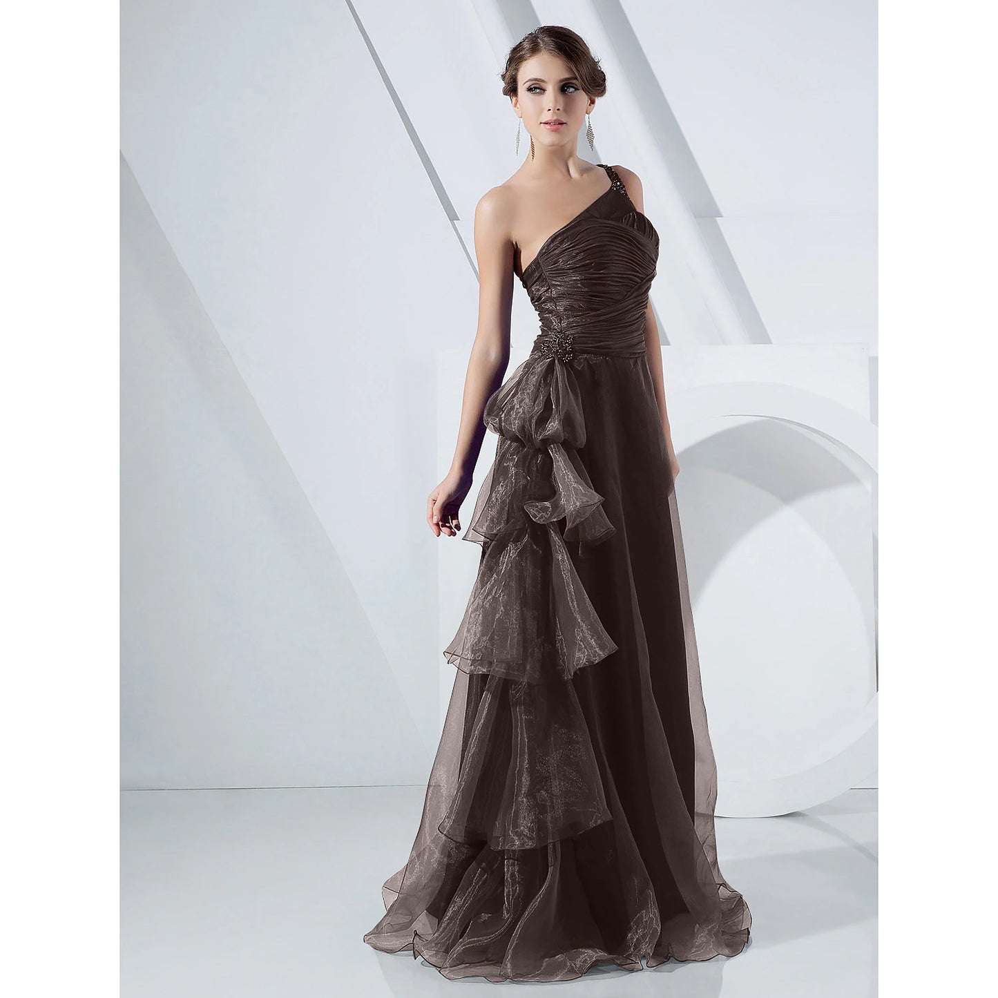 A-Line Elegant Dress Formal Evening Military Ball Floor Length Sleeveless One Shoulder Organza with Side Draping Cascading Ruffles