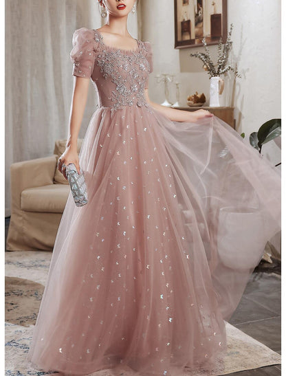 A-Line Prom Dresses Elegant Dress Wedding Guest Prom Floor Length Short Sleeve Sweetheart Satin V Back with Beading Appliques