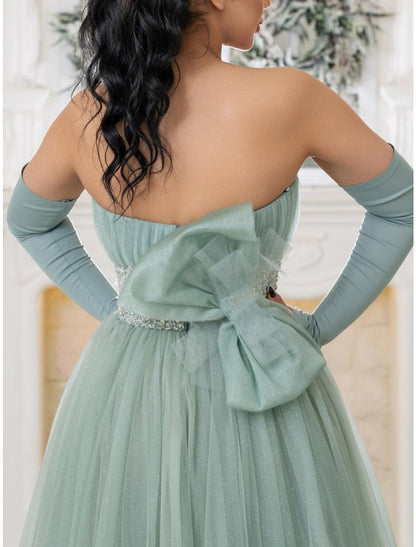 A-Line Prom Dresses Elegant Dress Formal Sweep / Brush Train Christmas Red Green Dress Long Sleeve Strapless Tulle with Bow(s) Pleats Sequin