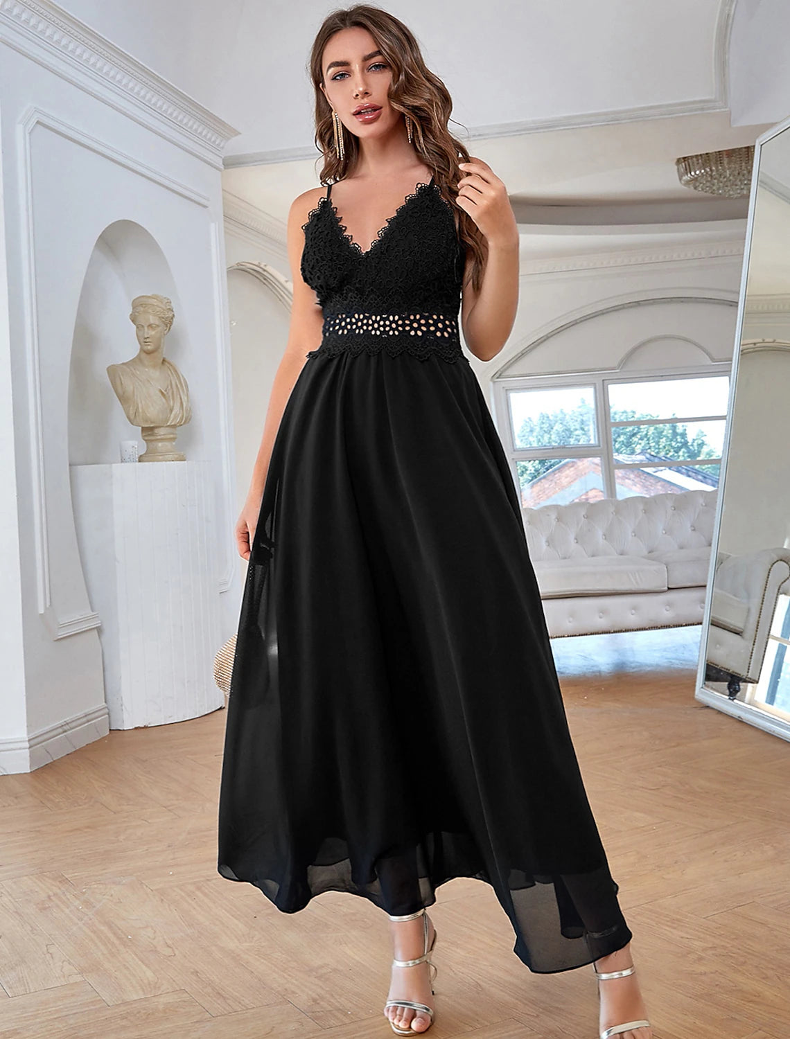 A-Line Elegant Vintage Party Wear Formal Evening Dress V Neck Sleeveless Ankle Length Chiffon with Sequin Pure Color Splicing