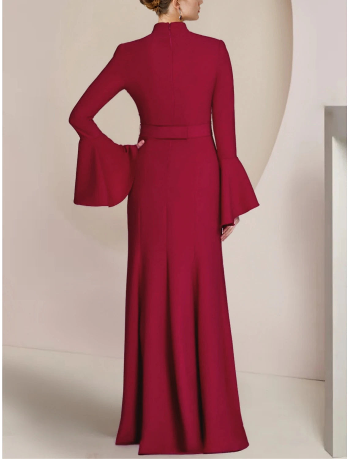 A-Line Mother of the Bride Dress Wedding Guest Party Elegant V Neck Floor Length Stretch Chiffon Long Sleeve with Pleats Crystal Brooch