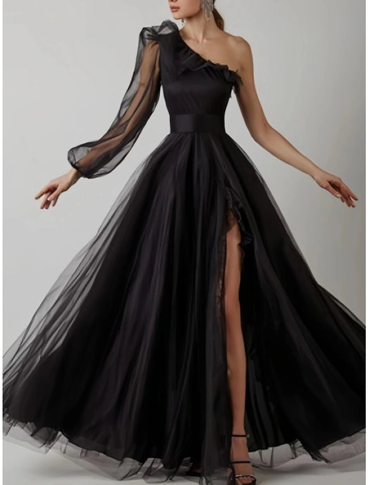 Sheath Party Dress Prom Dresses Elegant Dress Prom Birthday Floor Length Long Sleeve One Shoulder Tulle with Pleats Ruffles Slit
