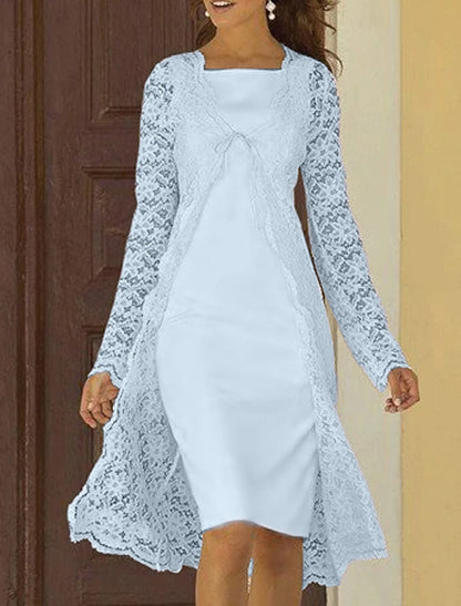 Two Piece Sheath / Column Mother of the Bride Dress Fall Wedding Guest Dresses Church Elegant Square Neck Knee Length Chiffon Lace Sleeveless Jacket Dresses with Solid Color