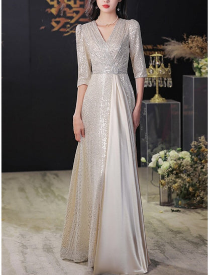 A-Line Mother of the Bride Dress Wedding Guest Sparkle & Shine Elegant Petite V Neck Sweep / Brush Train Sequined Half Sleeve with Pleats Crystal Brooch Fall