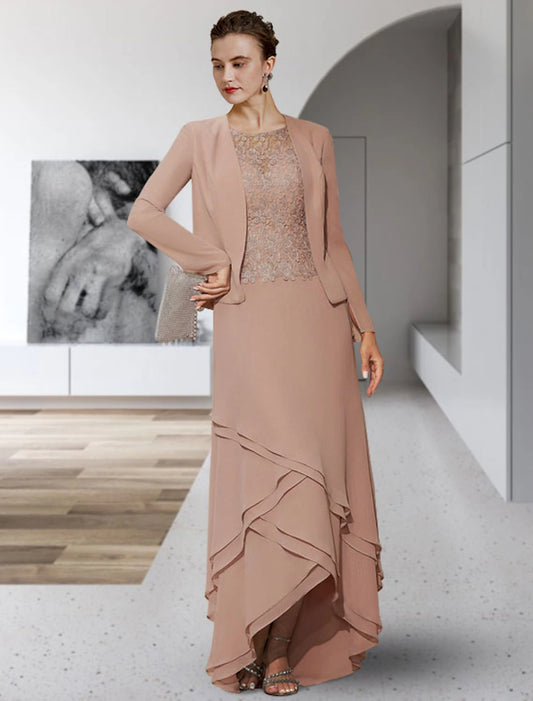 Two Piece A-Line Mother of the Bride Dress Elegant High Low Jewel Neck Asymmetrical Chiffon Lace Sleeveless with Tier Appliques