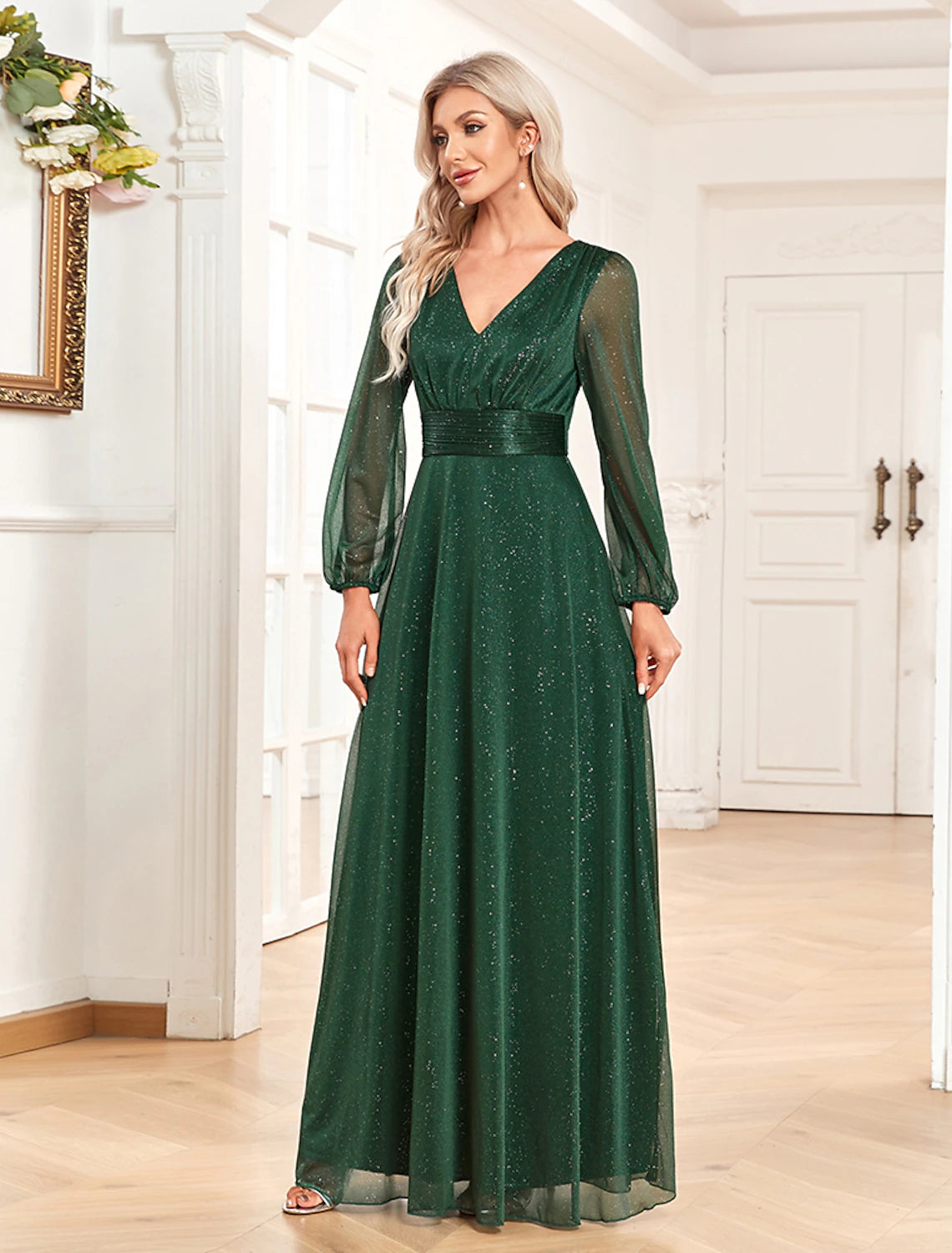 A-Line Evening Gown Sparkle & Shine Dress Formal Wedding Party Dress Floor Length Long Sleeve V Neck Chiffon with Sequin