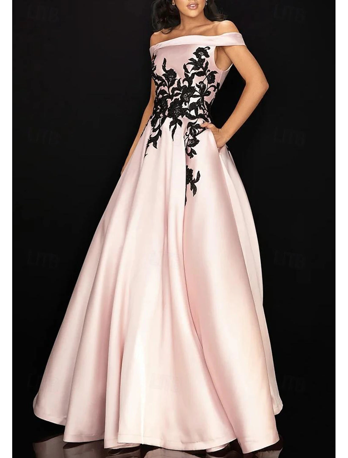 A-Line Prom Dresses Elegant Dress Formal Prom Floor Length Sleeveless Off Shoulder Pocket Satin with Appliques Pocket