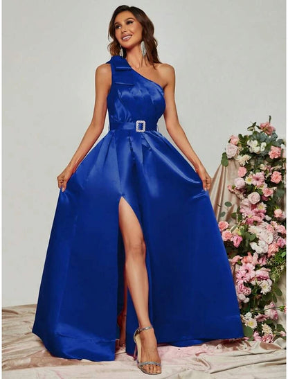 A-Line Evening Gown Party Dress Formal Fall Floor Length Sleeveless One Shoulder Satin with Pleats Slit Strappy