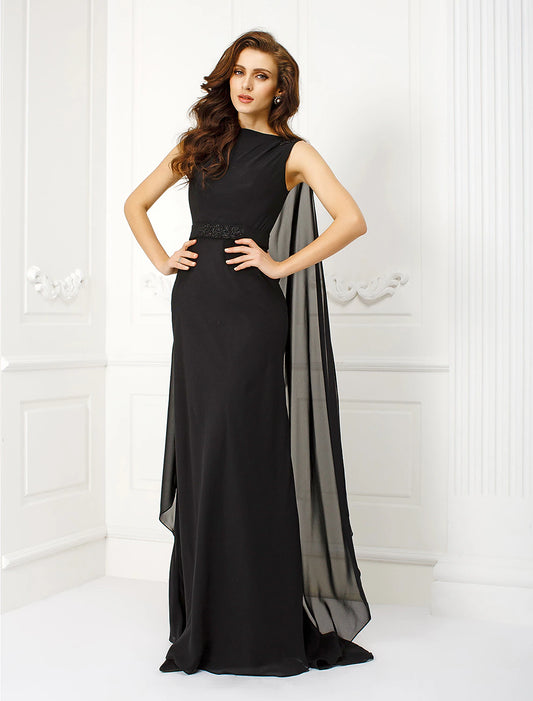 Sheath / Column Elegant Dress Holiday Cocktail Party Watteau Train Sleeveless Bateau Neck Chiffon with Sash / Ribbon Beading