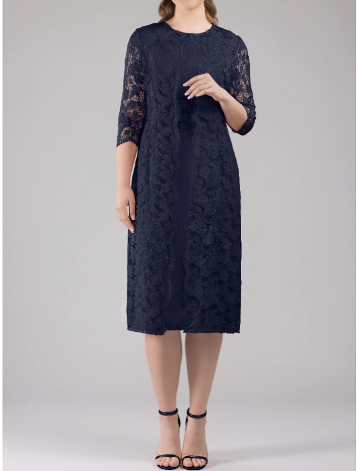Two Piece Sheath / Column Mother of the Bride Dress Wedding Guest Elegant Petite Scoop Neck Knee Length Chiffon Lace 3/4 Length Sleeve with Bow(s) Split Front