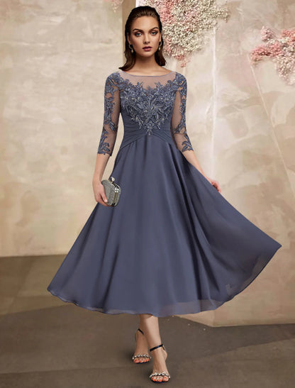 A-Line Mother of the Bride Dress Plus Size Elegant Jewel Neck Tea Length Chiffon Lace Short Sleeve with Ruched Sequin Appliques