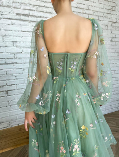 A-Line Prom Dresses Floral Dress Wedding Guest Prom Ankle Length Long Sleeve Square Neck Lace with Appliques