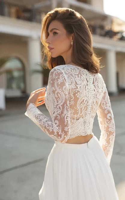Two Piece Sexy V-neck Bridal Gown Chiffon Sweep Train Lace Long Sleeve Zipper