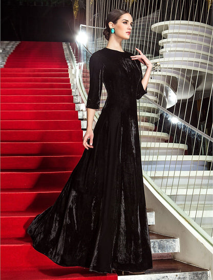 A-Line Celebrity Style Dress Wedding Guest Floor Length 3/4 Length Sleeve Jewel Neck Velvet with Pleats
