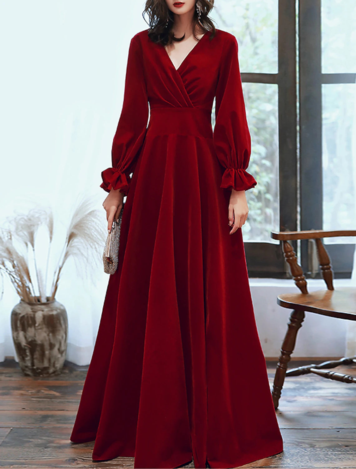 A-Line Minimalist Elegant Engagement Formal Evening Dress V Neck Long Sleeve Floor Length Velvet with Pleats Ruffles