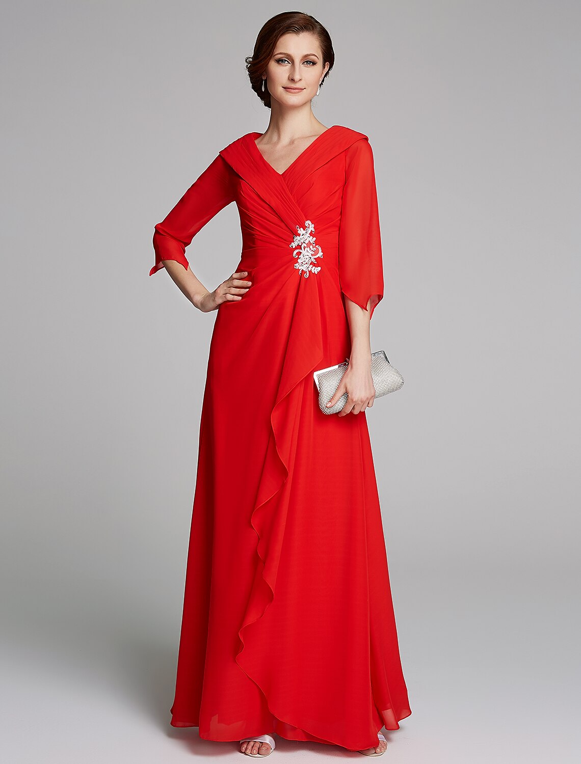 A-Line Mother of the Bride Dress Elegant V Neck Floor Length Chiffon Half Sleeve with Pleats Appliques